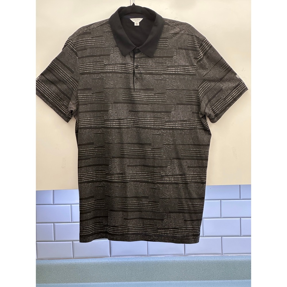 Calvin Klein Mens XL Slim Fit Polo Shirt Black Grey Striped Short Sleeve